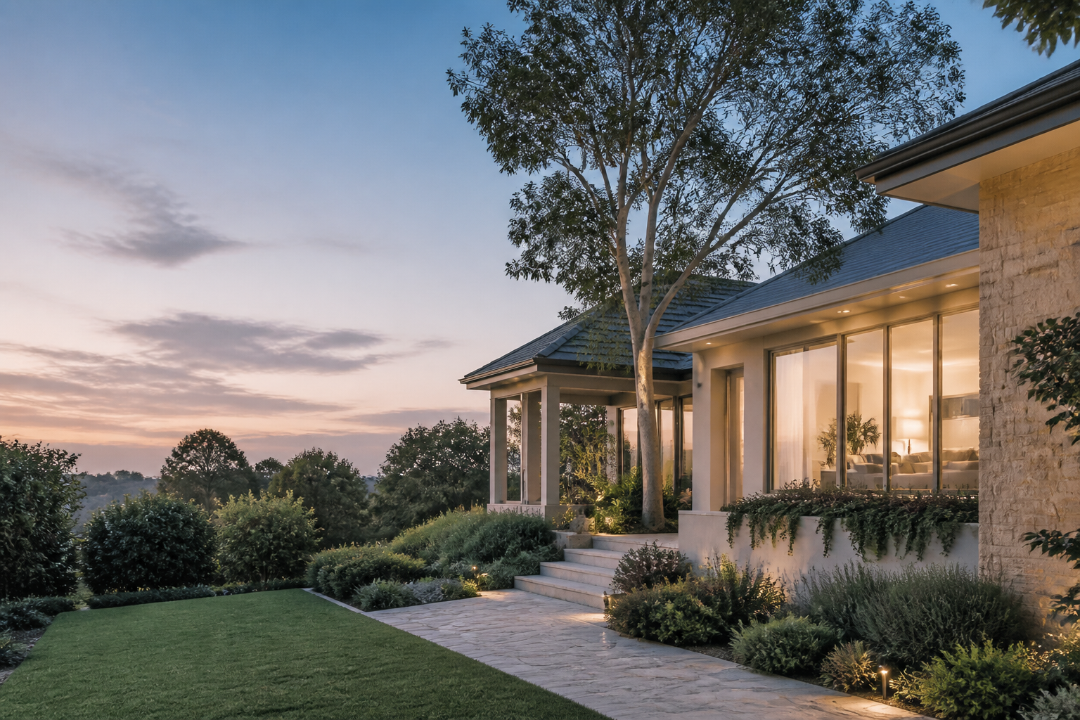Leafy North Shore home at dusk